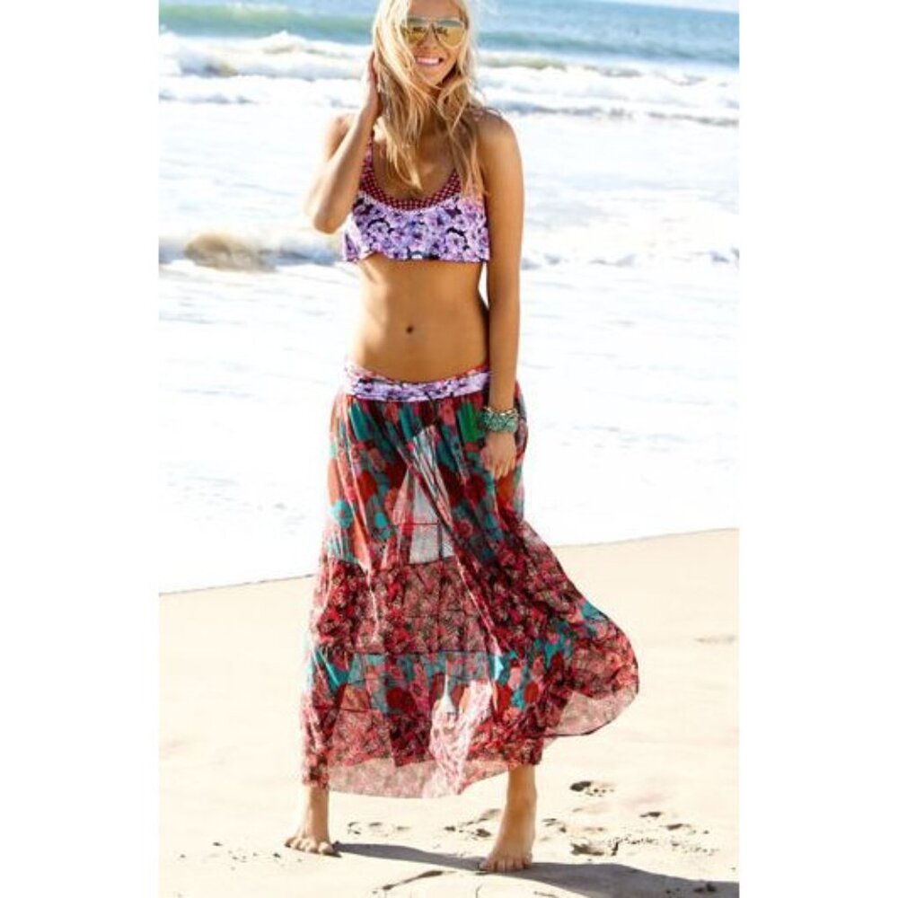 Maaji apres swim cover up tiered mesh mix print maxi skirt